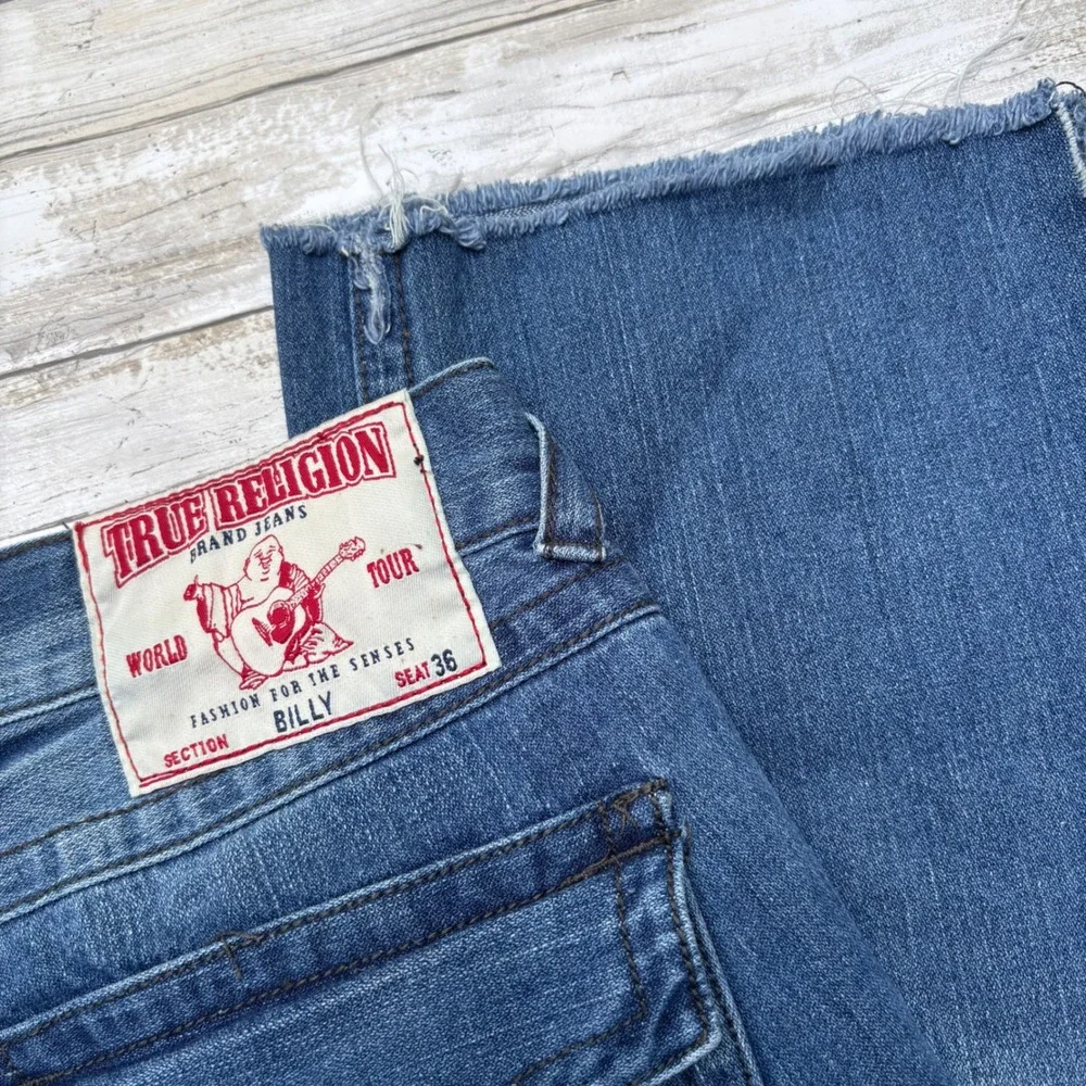 Y2K True Religion Billy Jeans 36 Blue Leather Horseshoe Faded Raw Hem Skater‎